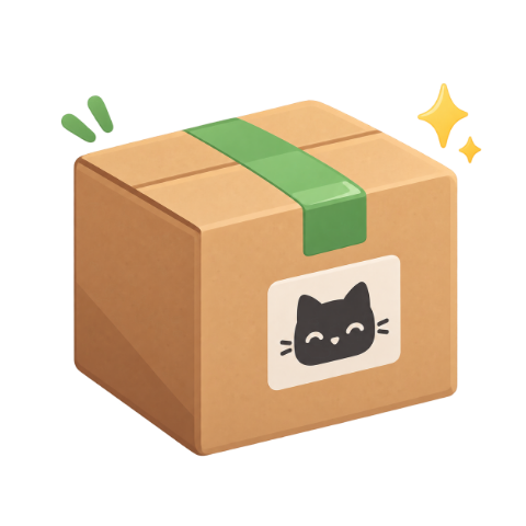 Una caja de cartón cerrada con cinta verde y un sticker de gato: las próximas herramientas de Neko Tools, en camino.