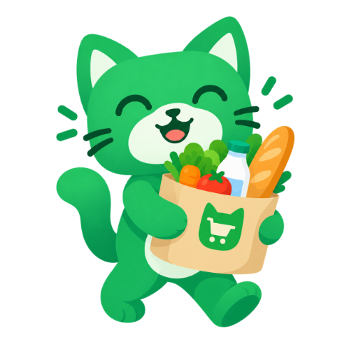 El gato de Neko Tools caminando y sonriendo, con una bolsa de compras llena de verduras, pan y leche.