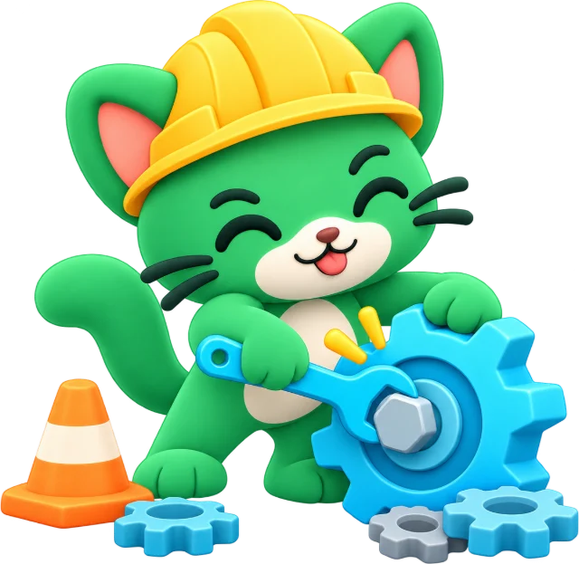 El gatito de Neko Tools con casco de obra, ajustando un engranaje con una llave.