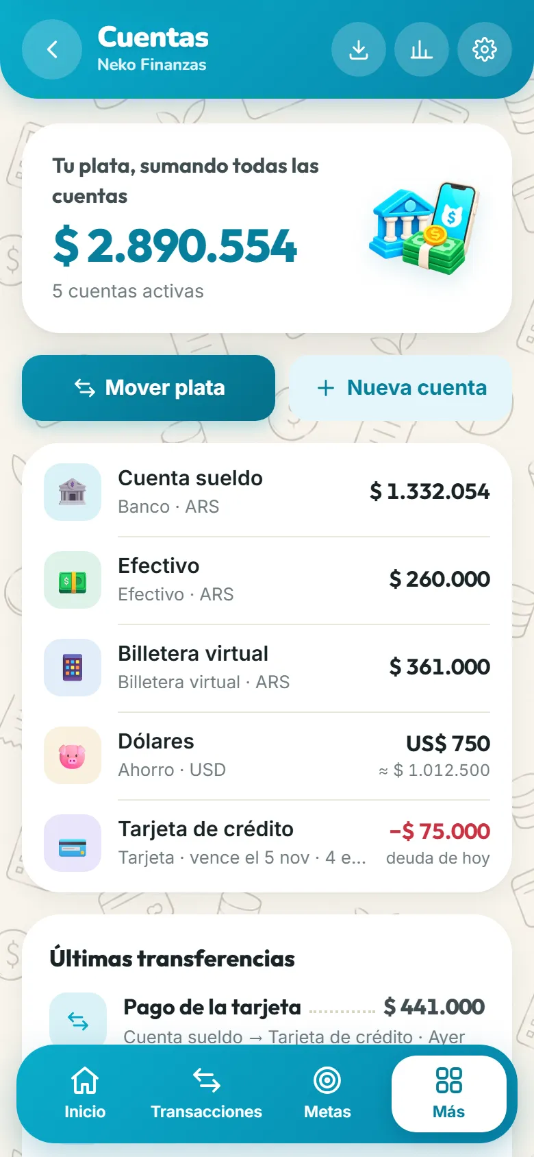 Pantalla de cuentas con el total y cada cuenta, incluida la tarjeta de crédito.
