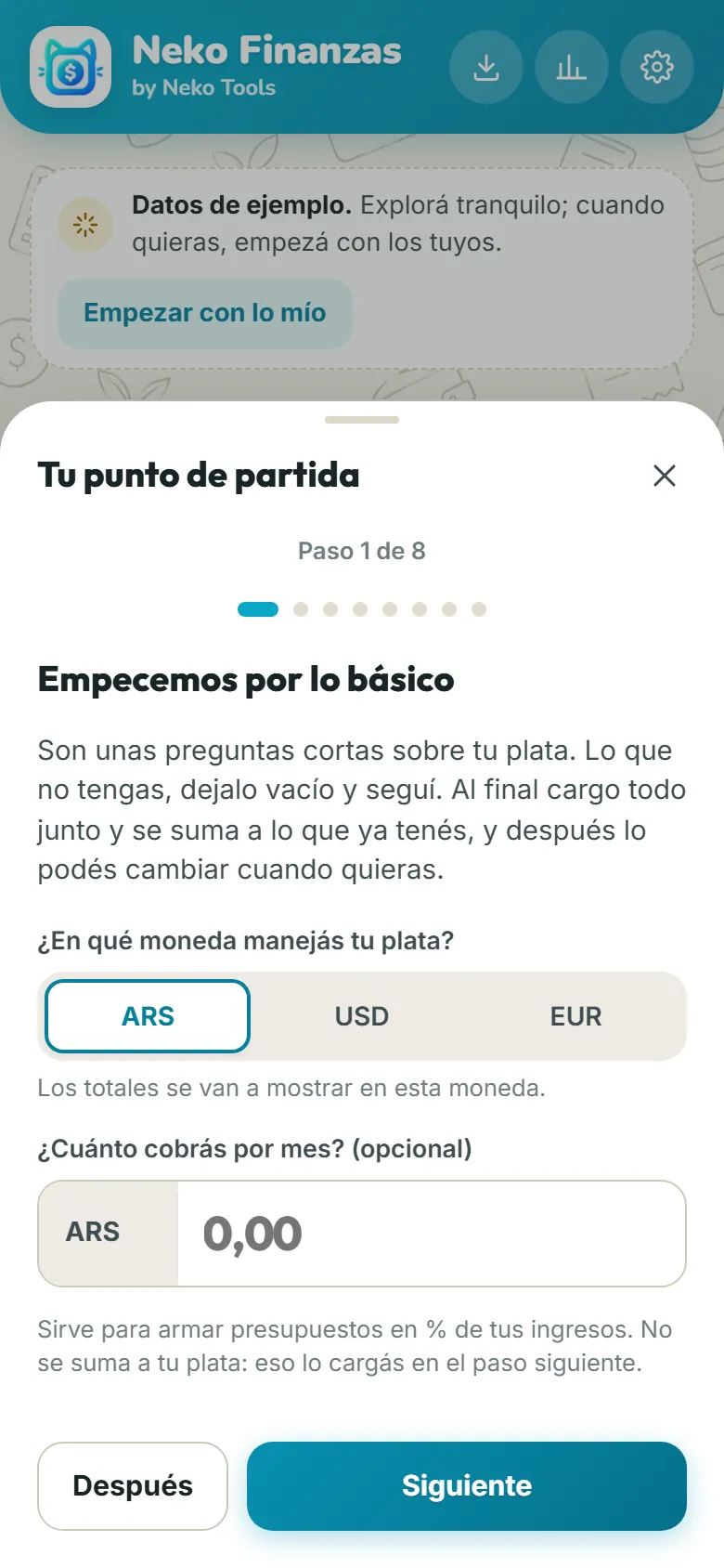 Cuestionario de inicio que pregunta por cuentas, tarjeta, facturas y metas.