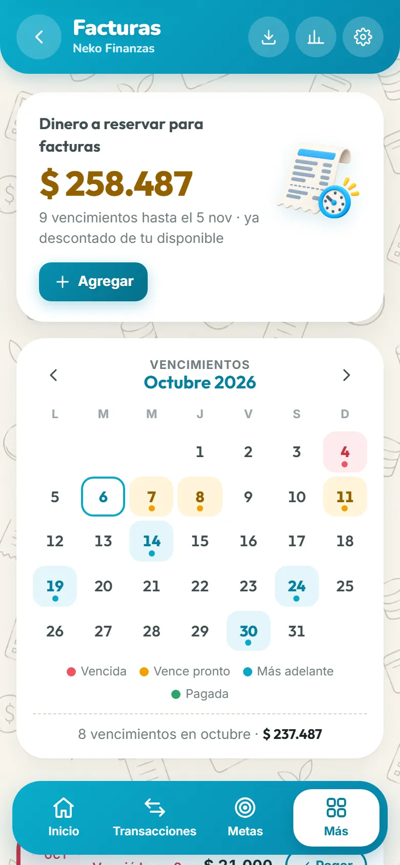 Pantalla de facturas: dinero a reservar y calendario de vencimientos.