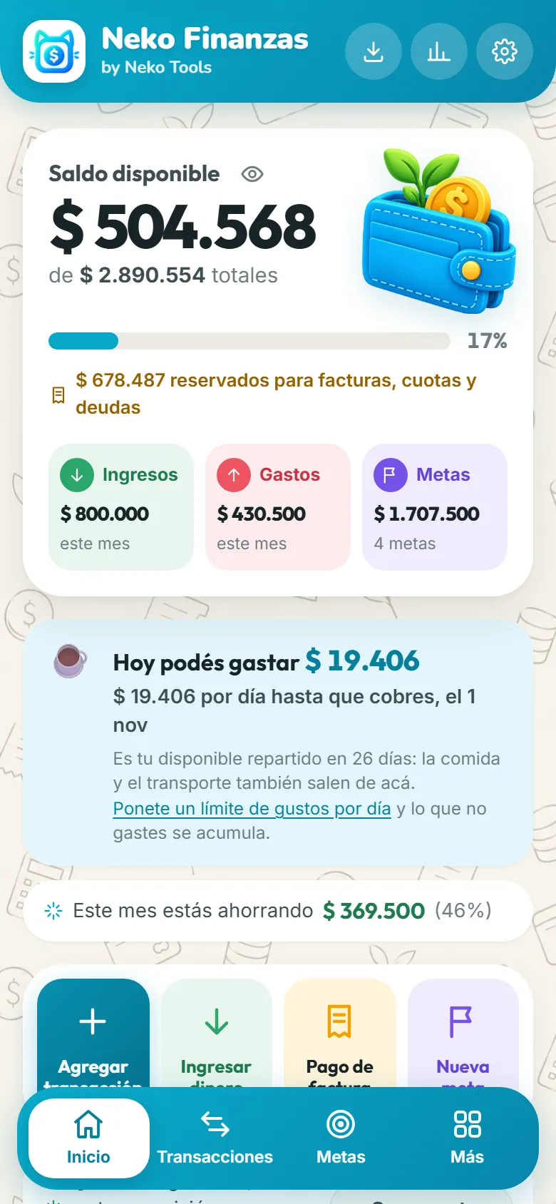 Captura real de Neko Finanzas: saldo disponible, cuánto podés gastar hoy y tus cuentas.