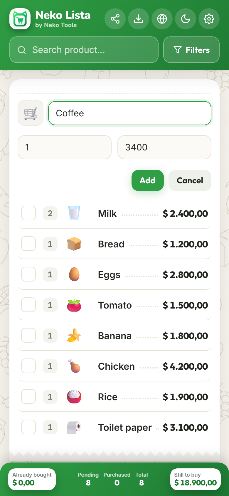 Captura real del formulario para agregar un producto: nombre, cantidad y precio.