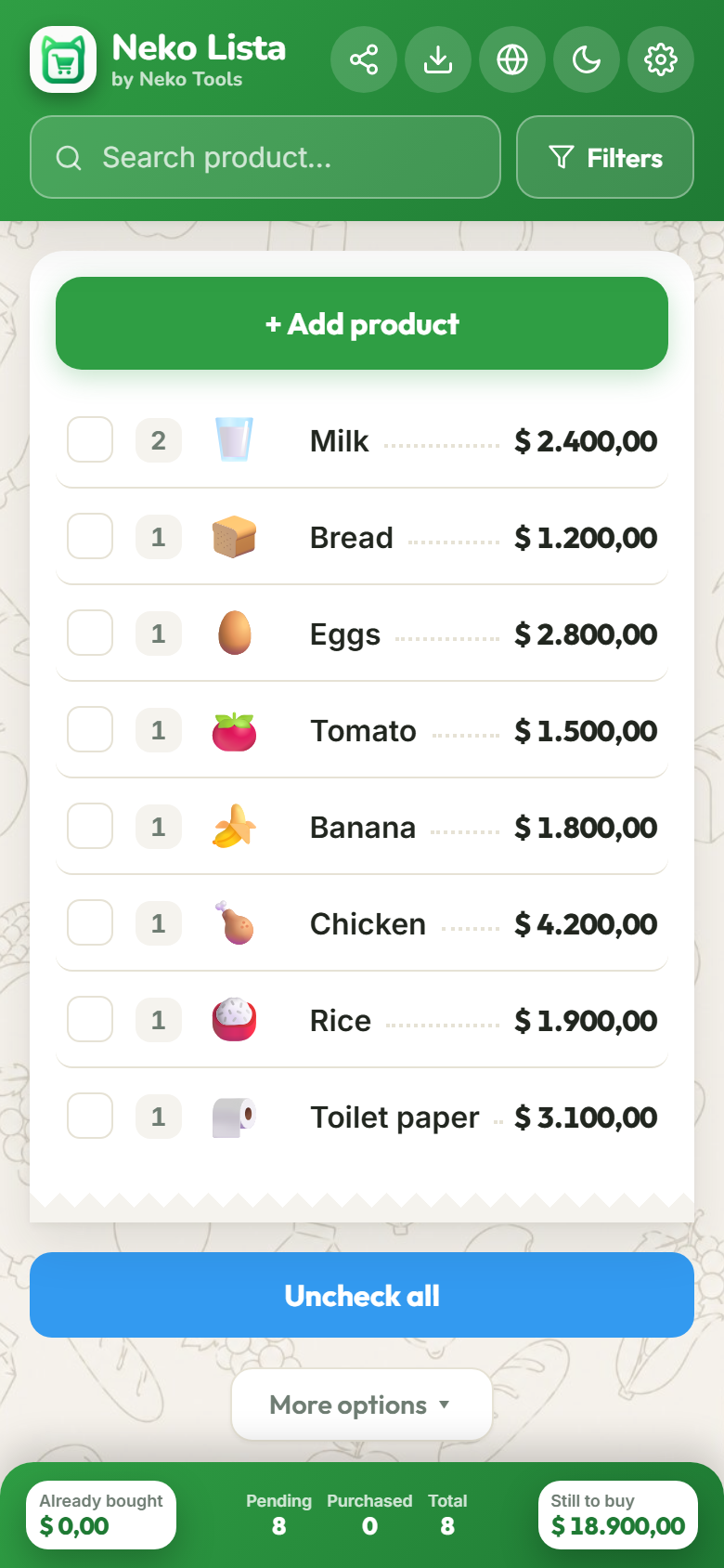 Captura real de Neko Lista (interfaz en inglés): lista de compras con Milk, Bread, Eggs, Tomato, Banana, Chicken, Rice y Toilet paper, total $18.900.